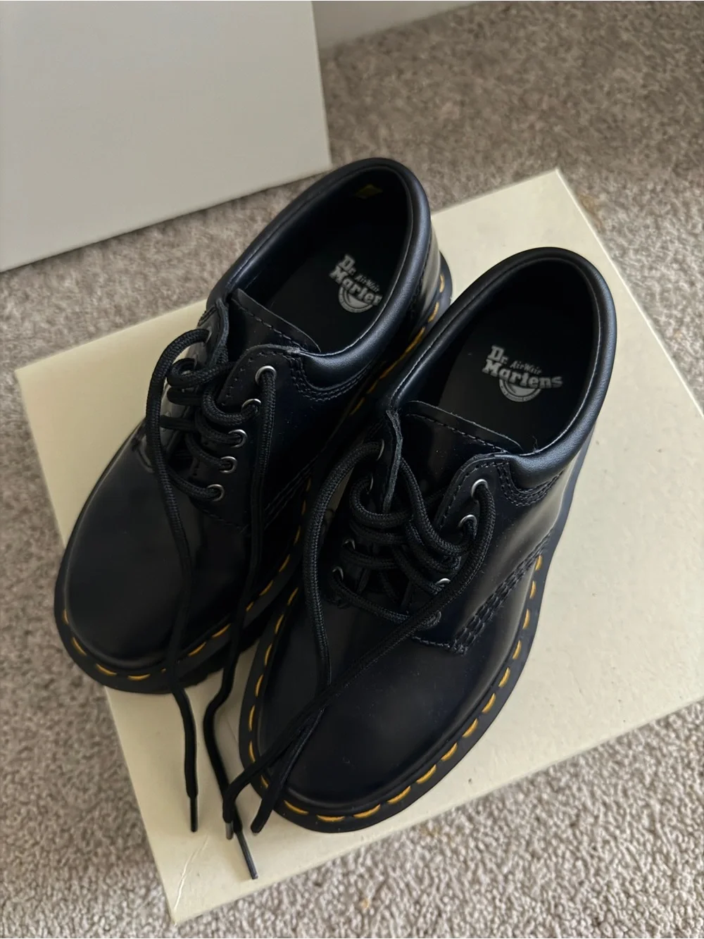 Dr. Martens Black Lace-Up Platform Boots with Yellow Stitching - Picture 3 of 4
